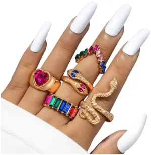INENIMARTJ Snake Rings for Women,Gold Snake Knuckle Rings Boho Crystal Heart Stacking Finger Rings Set Vintage Snake Jewelry (Colorful)
