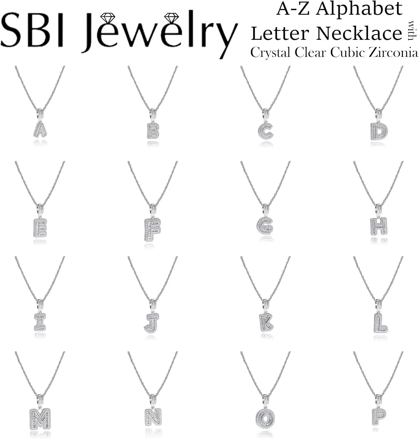 Initial Letter Necklace for Women Men Silver Alphabet A-Z Sparkling Crystal Clear CZ Charm Gifts Pendant Birthday Anniversary