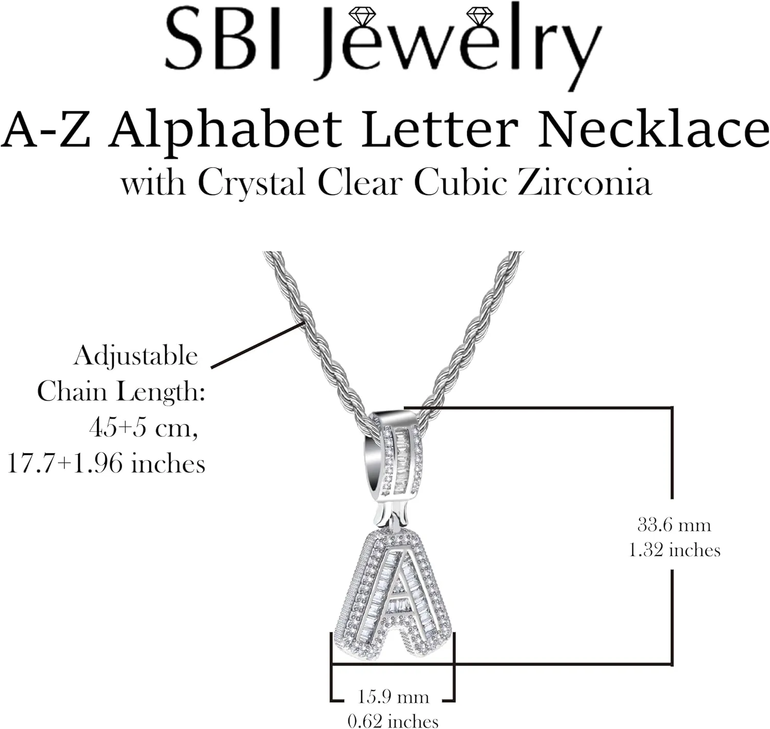 Initial Letter Necklace for Women Men Silver Alphabet A-Z Sparkling Crystal Clear CZ Charm Gifts Pendant Birthday Anniversary