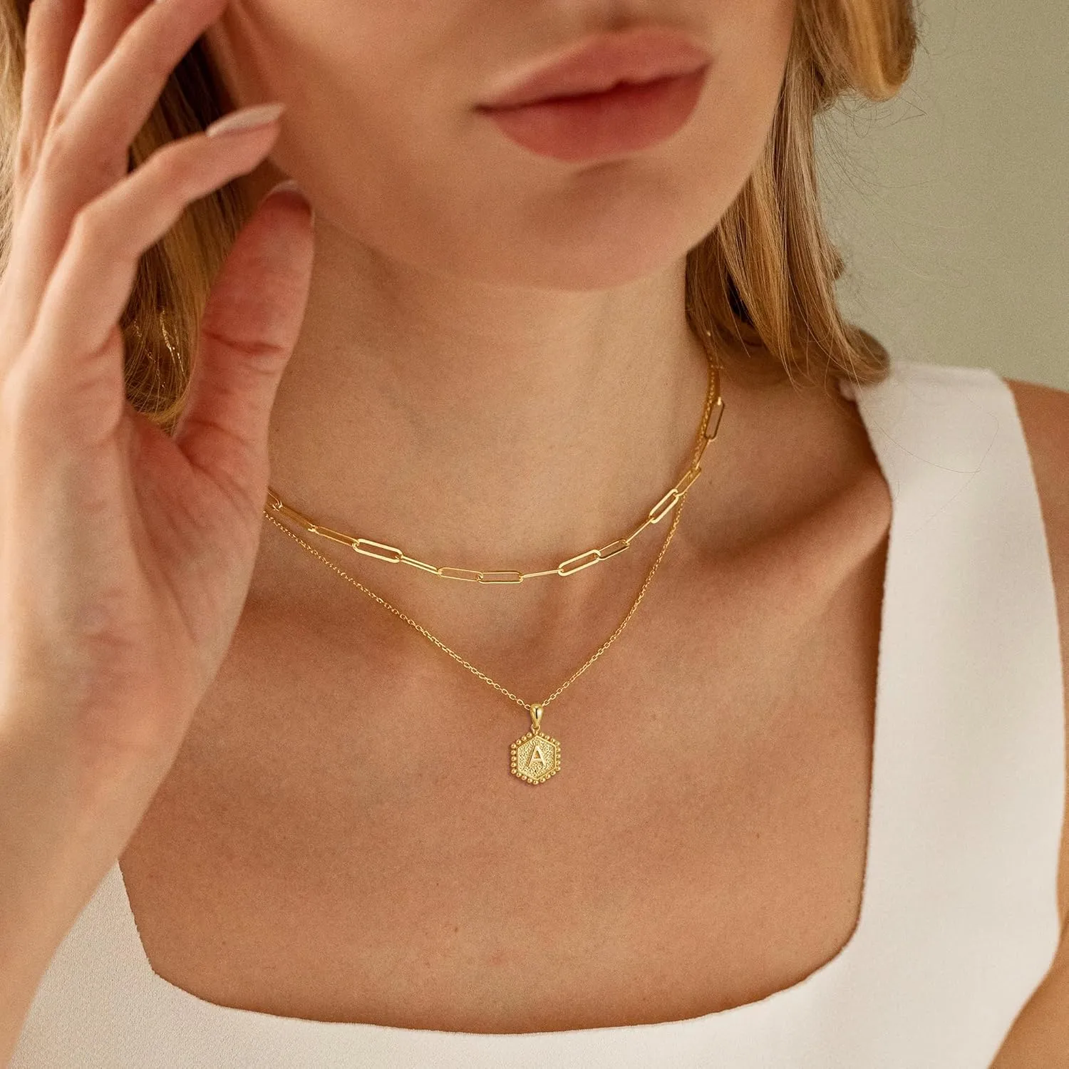 Initial Necklaces for Women - 18K Solid Gold Over Layered Gold Necklace Cute Hexagon Letter Initial Necklace Gold Layered Necklaces for Women Jewelry Gifts
