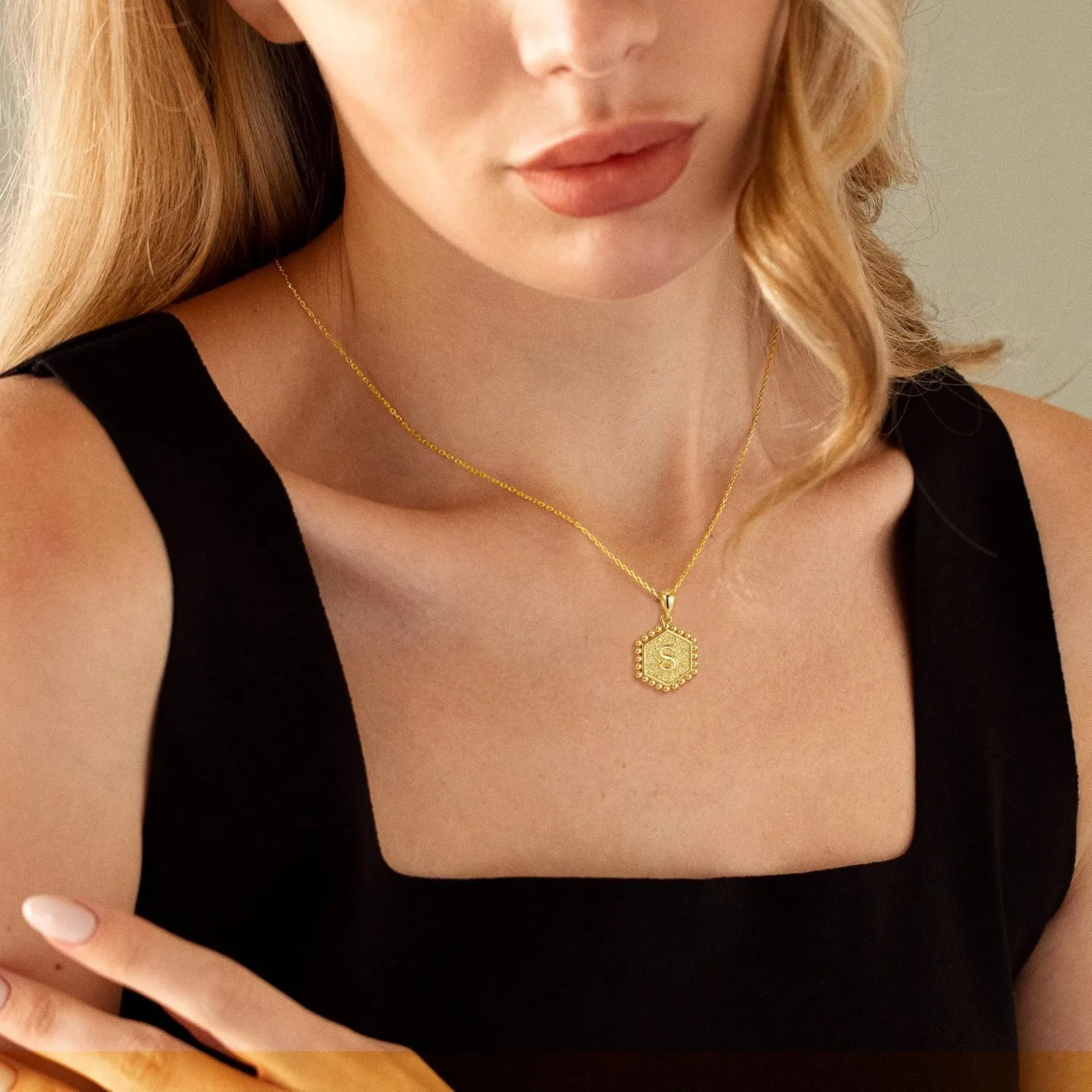 Initial Necklaces for Women - 18K Solid Gold Over Layered Gold Necklace Cute Hexagon Letter Initial Necklace Gold Layered Necklaces for Women Jewelry Gifts