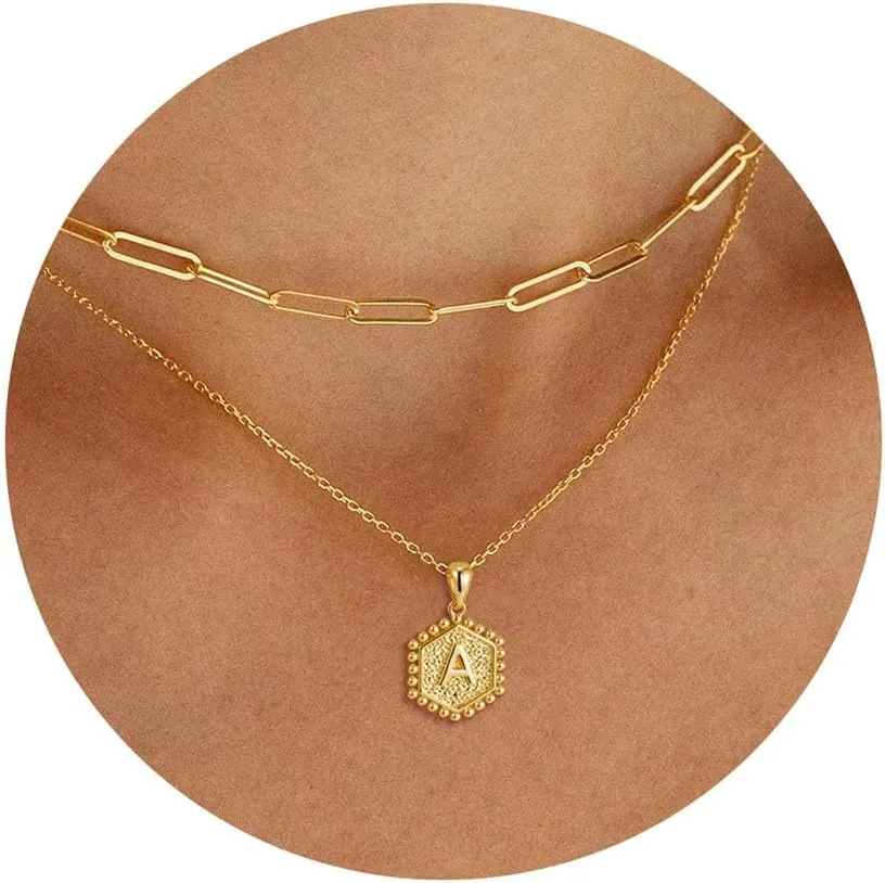 Initial Necklaces for Women - 18K Solid Gold Over Layered Gold Necklace Cute Hexagon Letter Initial Necklace Gold Layered Necklaces for Women Jewelry Gifts