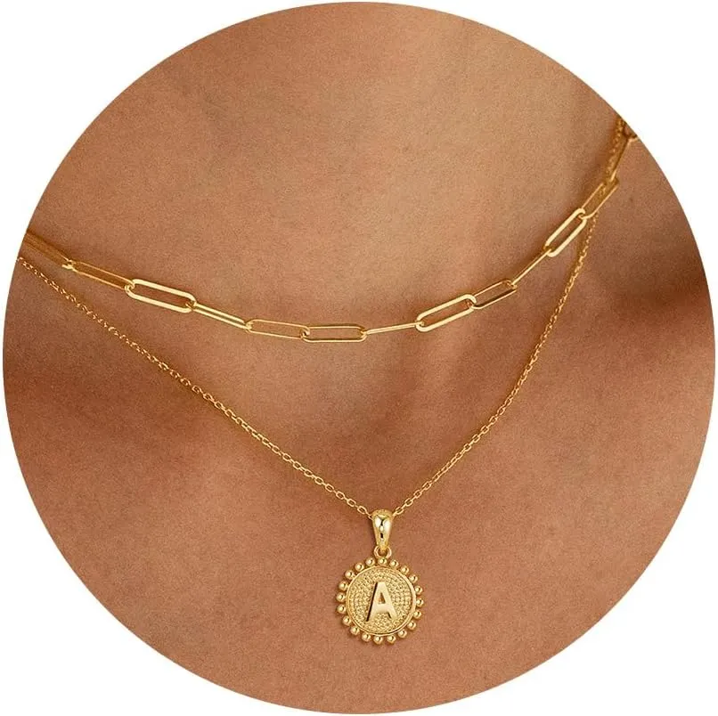 Initial Necklaces for Women - 18K Solid Gold Over Layered Gold Necklace Cute Hexagon Letter Initial Necklace Gold Layered Necklaces for Women Jewelry Gifts