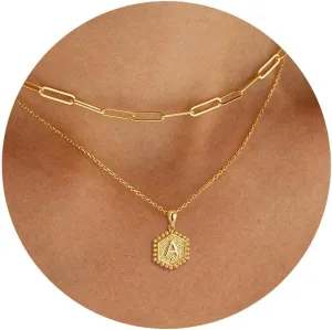 Initial Necklaces for Women - 18K Solid Gold Over Layered Gold Necklace Cute Hexagon Letter Initial Necklace Gold Layered Necklaces for Women Jewelry Gifts