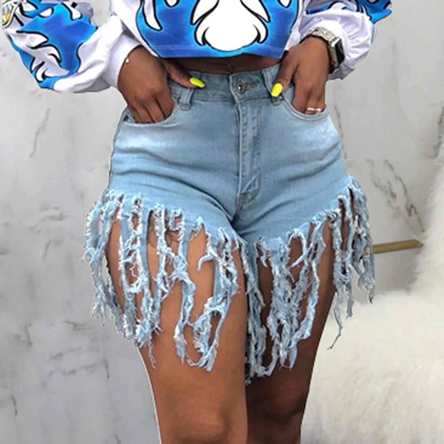 Jean Shorts Women High Waisted Trendy Frayed Raw Hem Tassel Stretch Shorts Retro Casual Summer Y2k Shorts with Pocket
