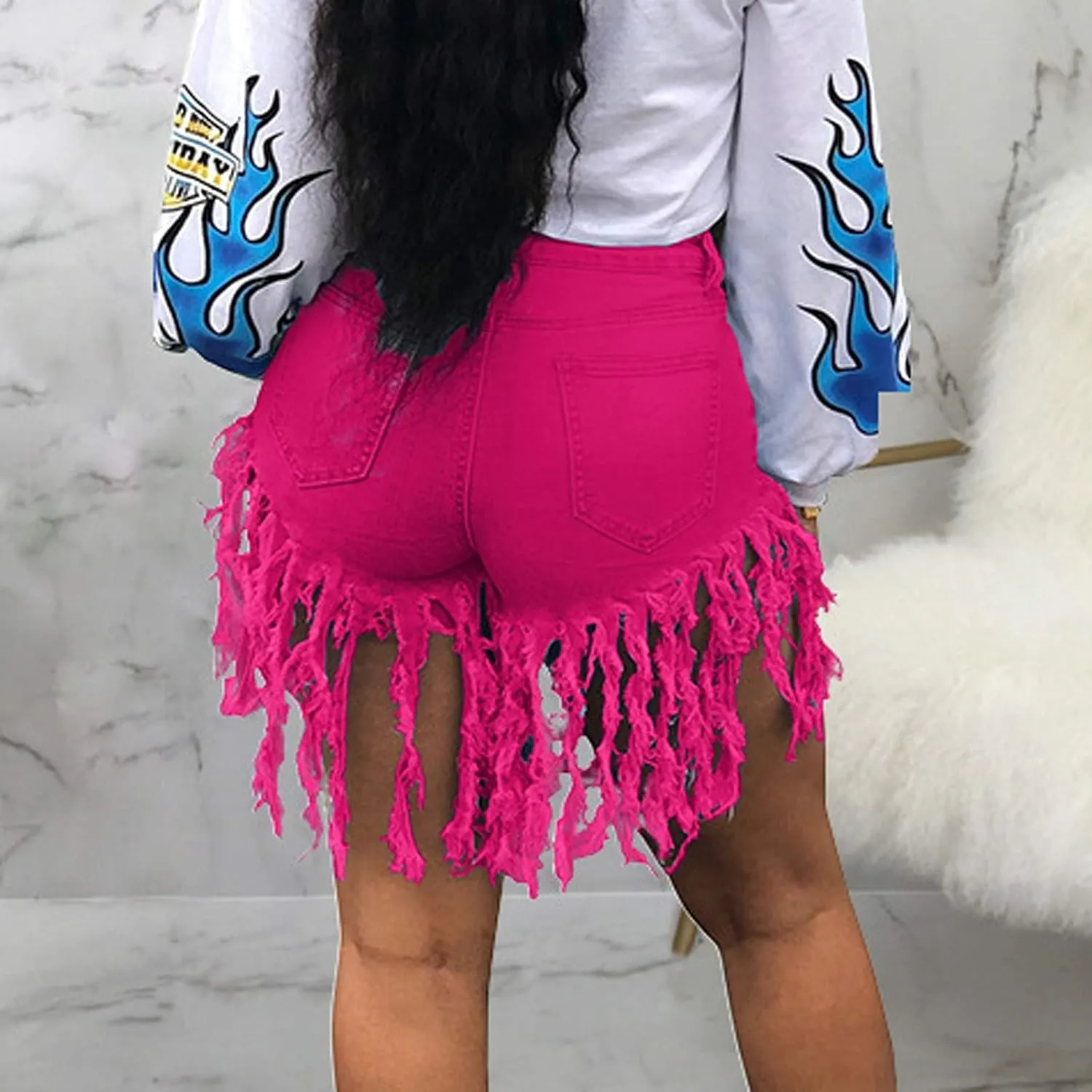 Jean Shorts Women High Waisted Trendy Frayed Raw Hem Tassel Stretch Shorts Retro Casual Summer Y2k Shorts with Pocket