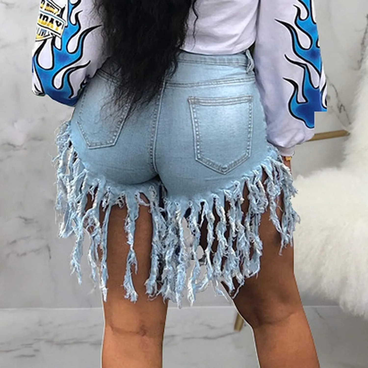 Jean Shorts Women High Waisted Trendy Frayed Raw Hem Tassel Stretch Shorts Retro Casual Summer Y2k Shorts with Pocket