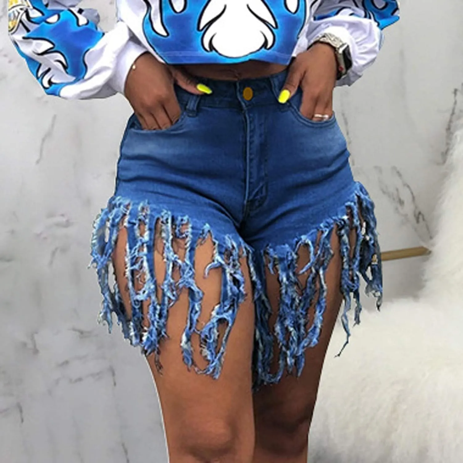 Jean Shorts Women High Waisted Trendy Frayed Raw Hem Tassel Stretch Shorts Retro Casual Summer Y2k Shorts with Pocket