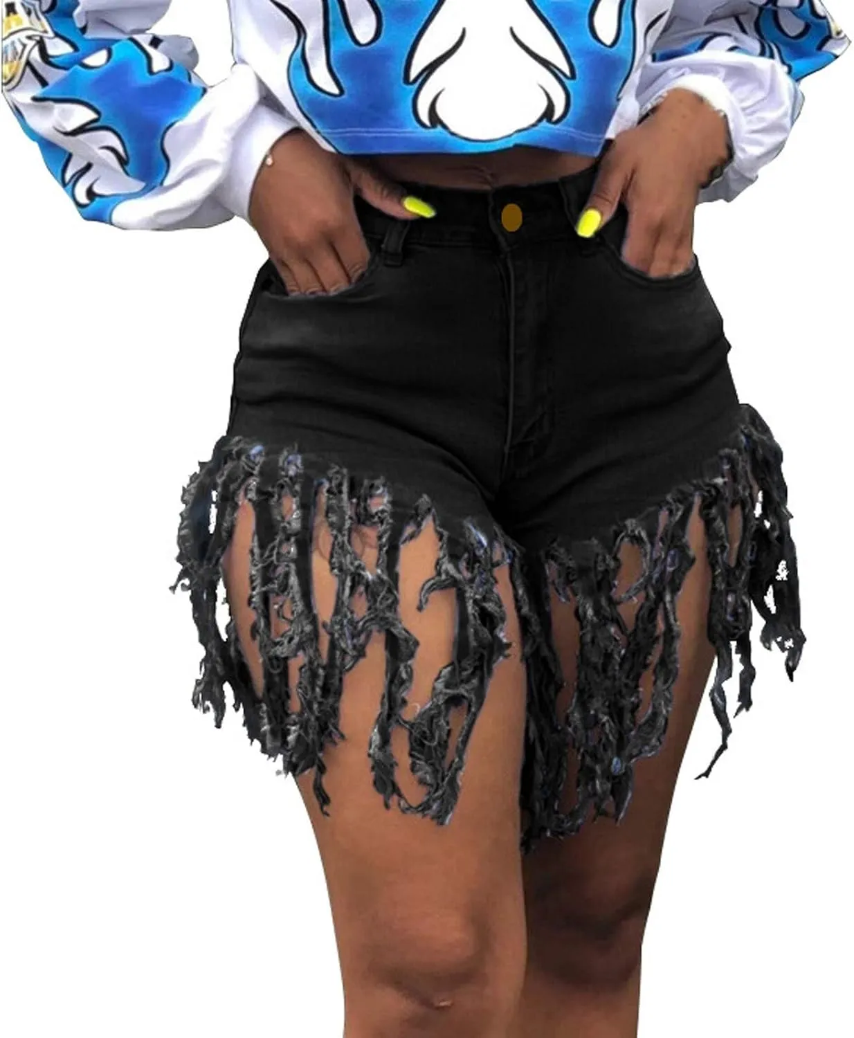 Jean Shorts Women High Waisted Trendy Frayed Raw Hem Tassel Stretch Shorts Retro Casual Summer Y2k Shorts with Pocket