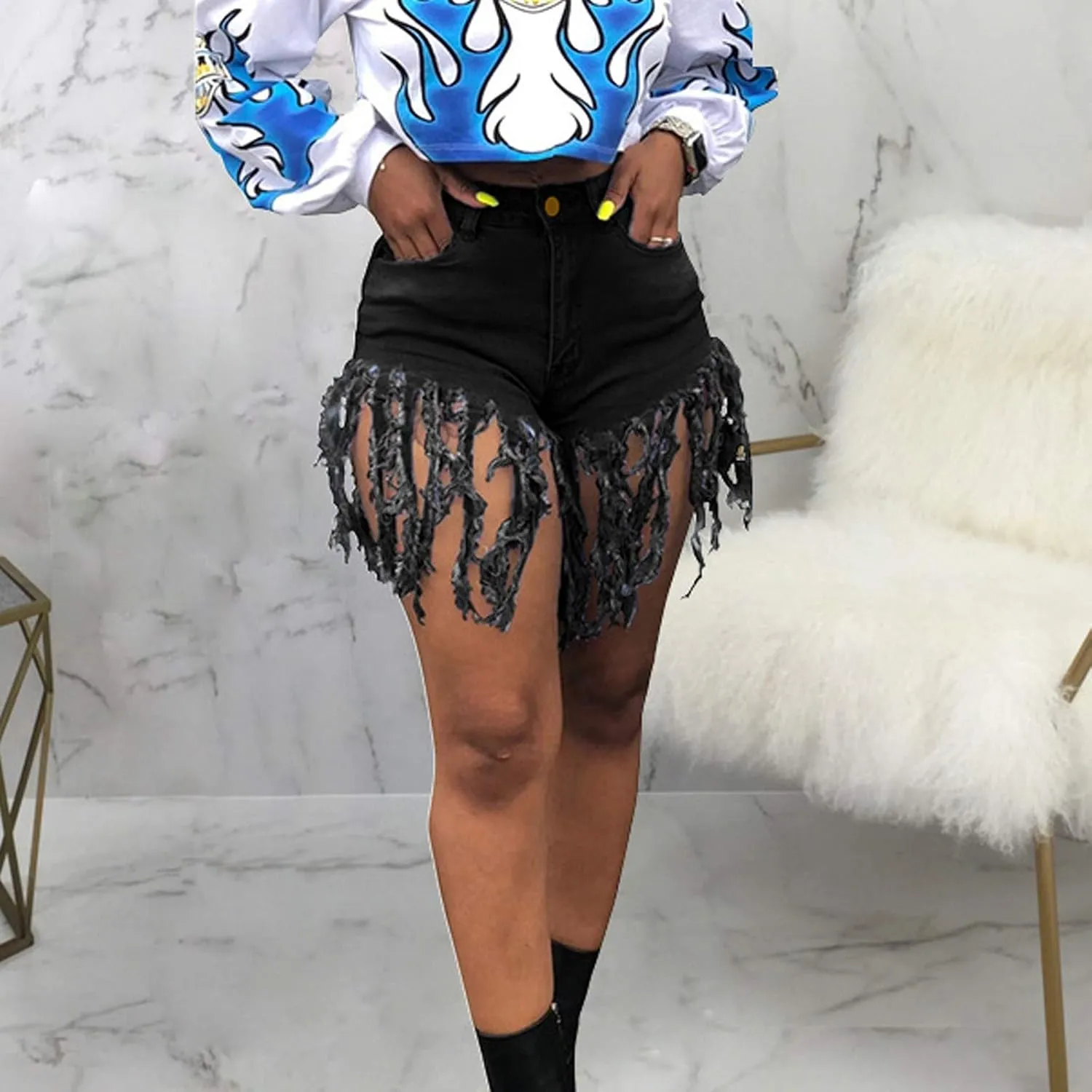 Jean Shorts Women High Waisted Trendy Frayed Raw Hem Tassel Stretch Shorts Retro Casual Summer Y2k Shorts with Pocket