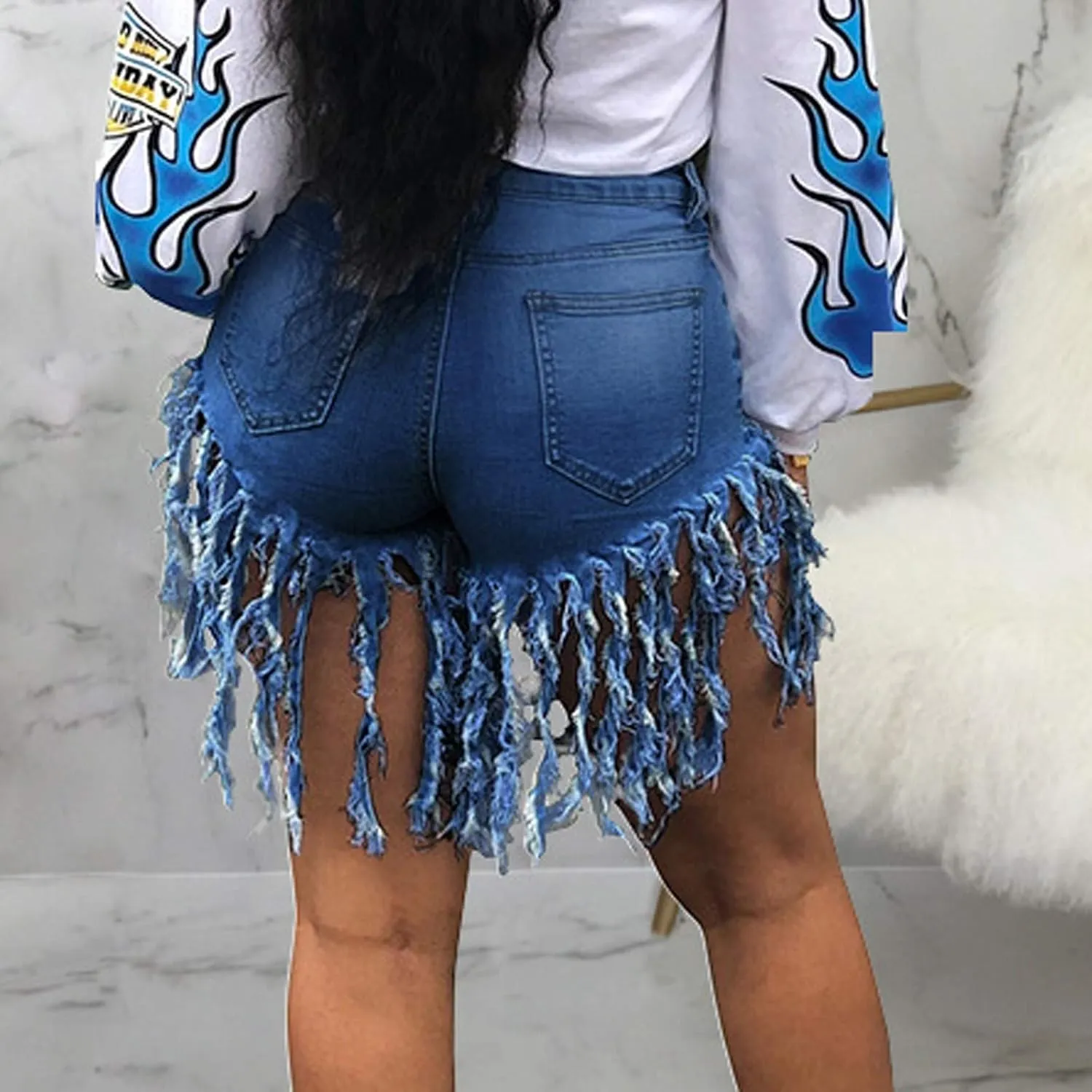 Jean Shorts Women High Waisted Trendy Frayed Raw Hem Tassel Stretch Shorts Retro Casual Summer Y2k Shorts with Pocket