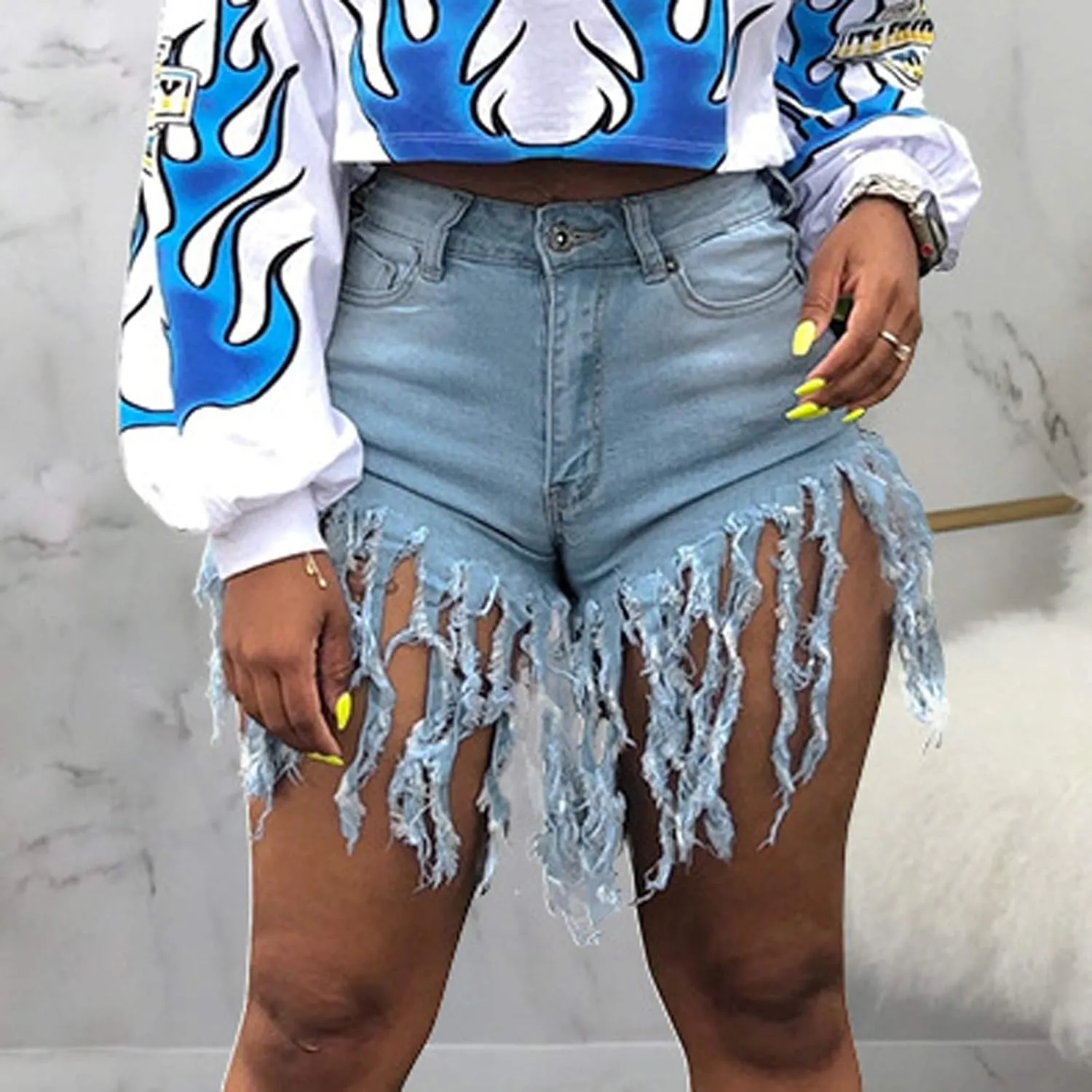Jean Shorts Women High Waisted Trendy Frayed Raw Hem Tassel Stretch Shorts Retro Casual Summer Y2k Shorts with Pocket