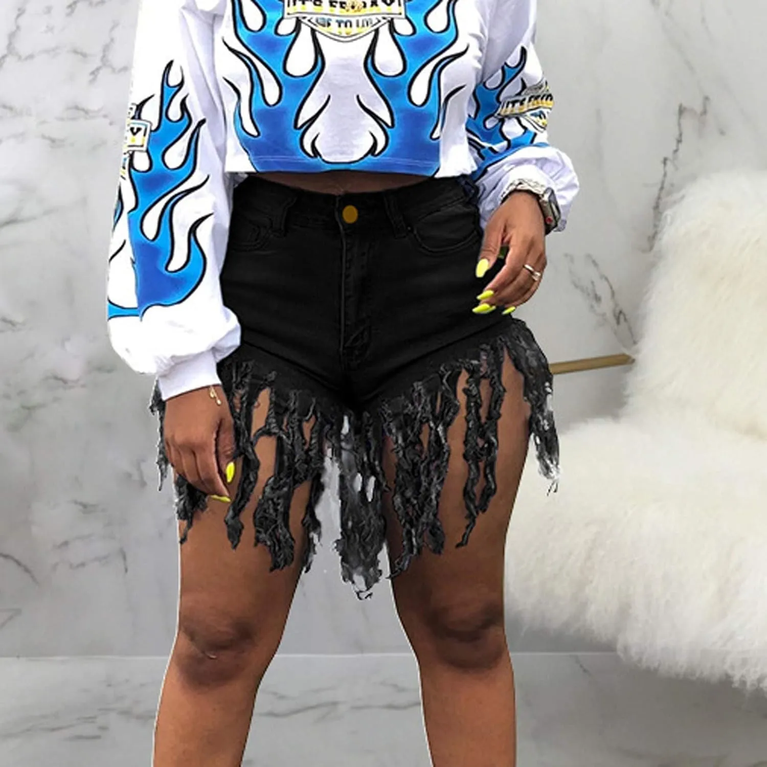 Jean Shorts Women High Waisted Trendy Frayed Raw Hem Tassel Stretch Shorts Retro Casual Summer Y2k Shorts with Pocket