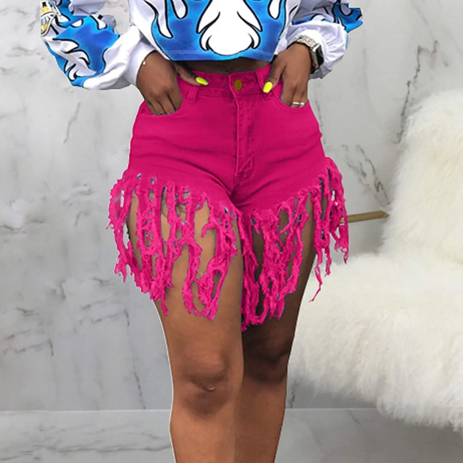 Jean Shorts Women High Waisted Trendy Frayed Raw Hem Tassel Stretch Shorts Retro Casual Summer Y2k Shorts with Pocket