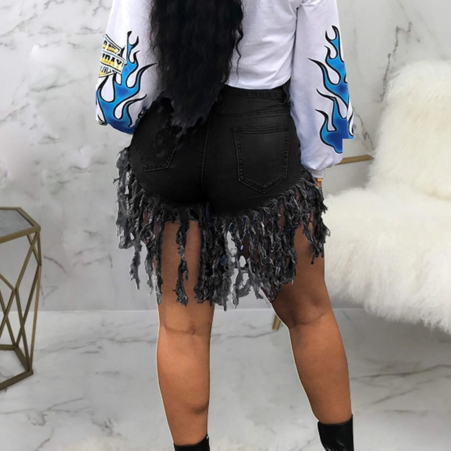 Jean Shorts Women High Waisted Trendy Frayed Raw Hem Tassel Stretch Shorts Retro Casual Summer Y2k Shorts with Pocket