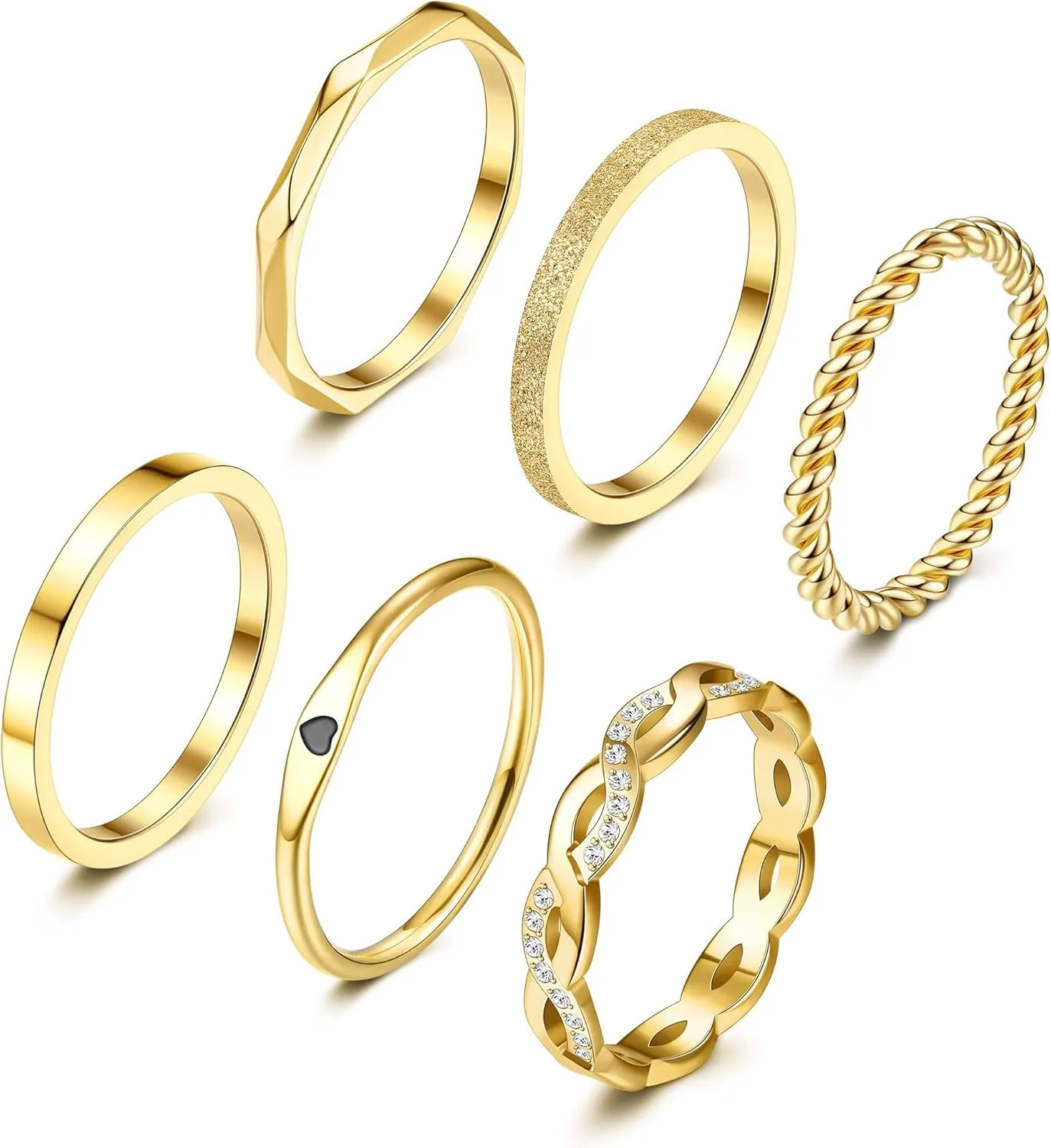 JeryWe 6 Pcs Stainless Steel Rings for Women Set Gold/Silver Knuckle Rings Stackable Simple Carve Heart Wedding Bands Engagement Promise Eternity Bands Thumb Rings for Women
