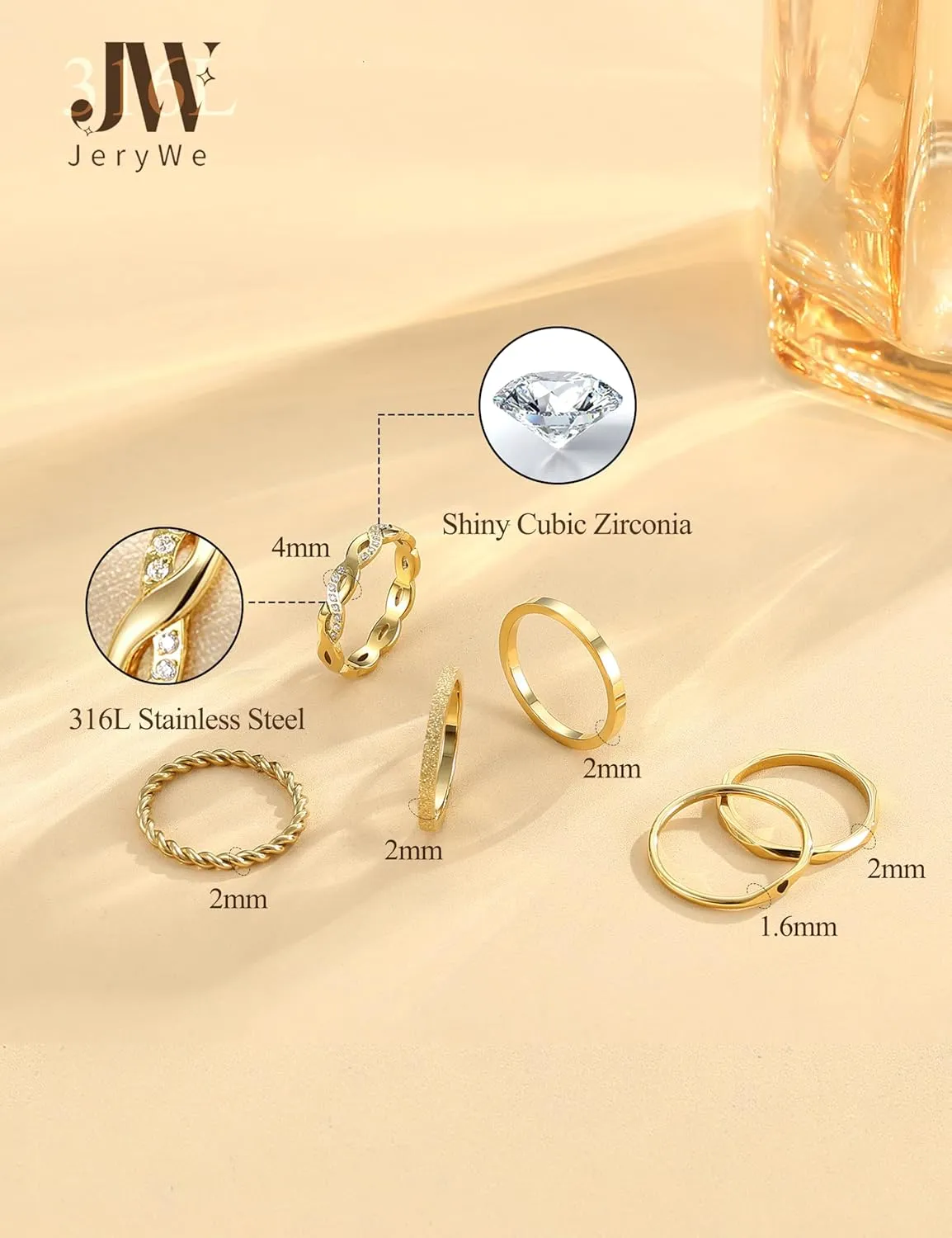 JeryWe 6 Pcs Stainless Steel Rings for Women Set Gold/Silver Knuckle Rings Stackable Simple Carve Heart Wedding Bands Engagement Promise Eternity Bands Thumb Rings for Women