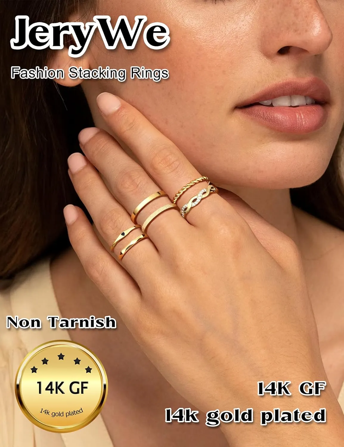 JeryWe 6 Pcs Stainless Steel Rings for Women Set Gold/Silver Knuckle Rings Stackable Simple Carve Heart Wedding Bands Engagement Promise Eternity Bands Thumb Rings for Women