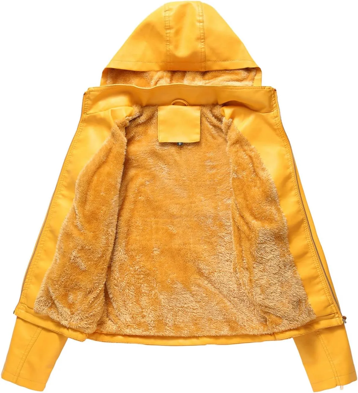 JEsilunmaMY Womens Winter Motorcycle Jacket Zip Up Slim Detachable Hood Leather Coats Solid Color Fleece Lined Biker Outwear