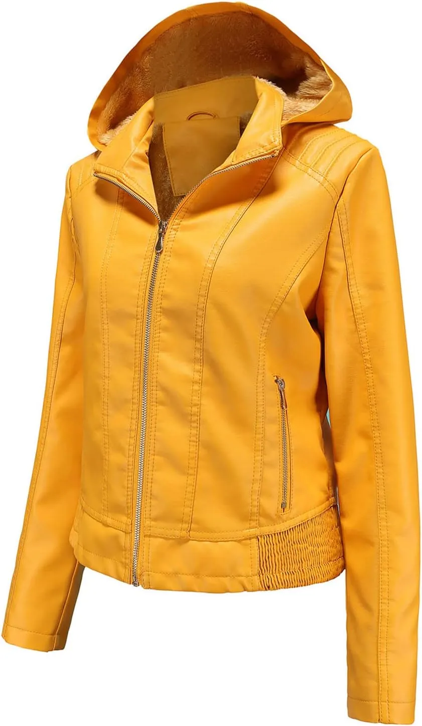JEsilunmaMY Womens Winter Motorcycle Jacket Zip Up Slim Detachable Hood Leather Coats Solid Color Fleece Lined Biker Outwear