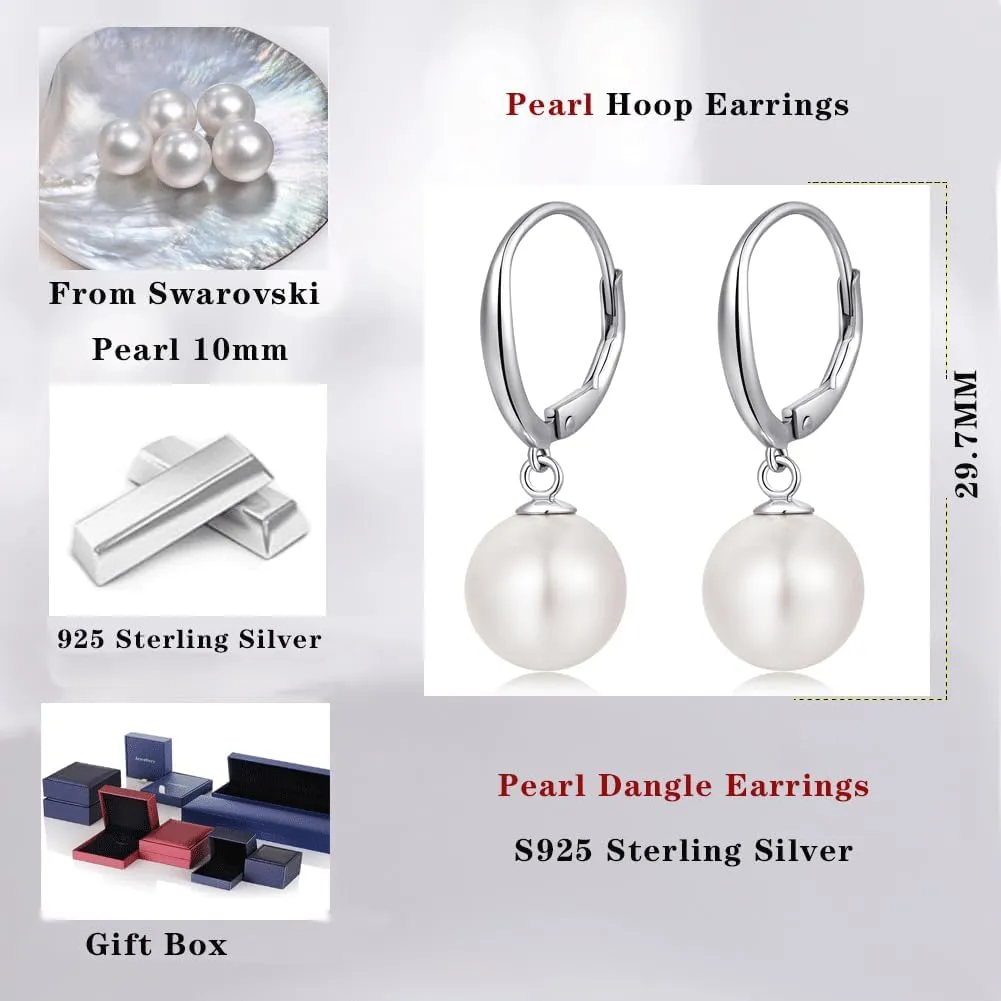 Jiamiaoi Pearl Diamond Earrings for Women Dangle Drop Earrings 925 Sterling Silver Pearl Lever Back Drop Earrings Pearl Silver Earrings for Women Come with Gift Box