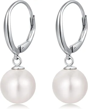 Jiamiaoi Pearl Diamond Earrings for Women Dangle Drop Earrings 925 Sterling Silver Pearl Lever Back Drop Earrings Pearl Silver Earrings for Women Come with Gift Box
