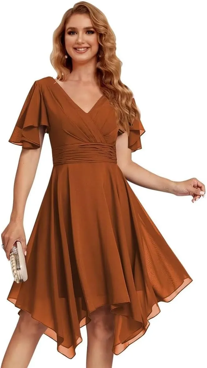 Jingguo'er Ruffle Sleeves Bridesmaid Dresses 2025 V-Neck Chiffon Short Formal Wedding Evening Party Gowns for Women