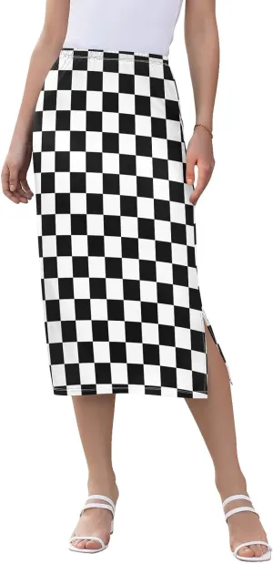 Joisal Black and White Checkered Womens Pencil Skirts High Waist Long Skirt, Ladies Skirt Casual Skirt