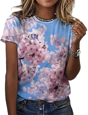 JooMeryer Women's Plus Size Cherry Blossom Sakura Flower Printed Short Sleeve T-Shirt S-6X