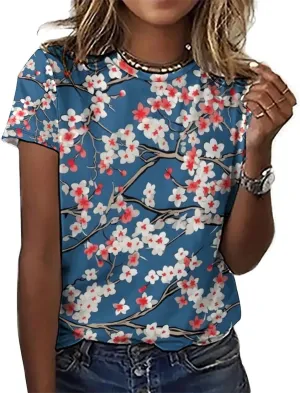 JooMeryer Women's Plus Size Cherry Blossom Sakura Flower Printed Short Sleeve T-Shirt S-6X