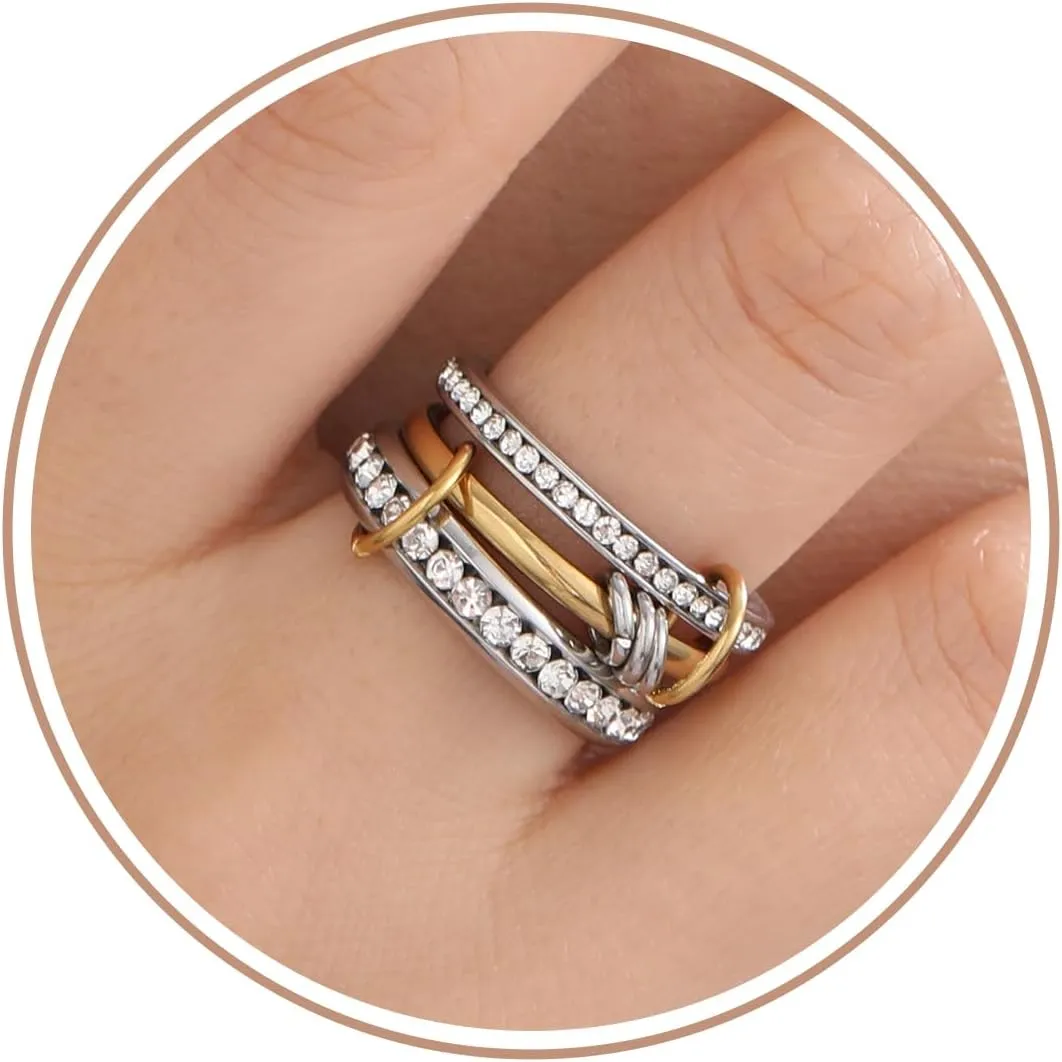 JSJOY Stackable Rings for Women Non Tarnish Cubic Zirconia Spinelli Statement Ring Silver Gold Band Ring Set 14K Gold Plated Mothers Day Gifts Birthday Gifts Size 6-10 Silver Gold Multi Rings