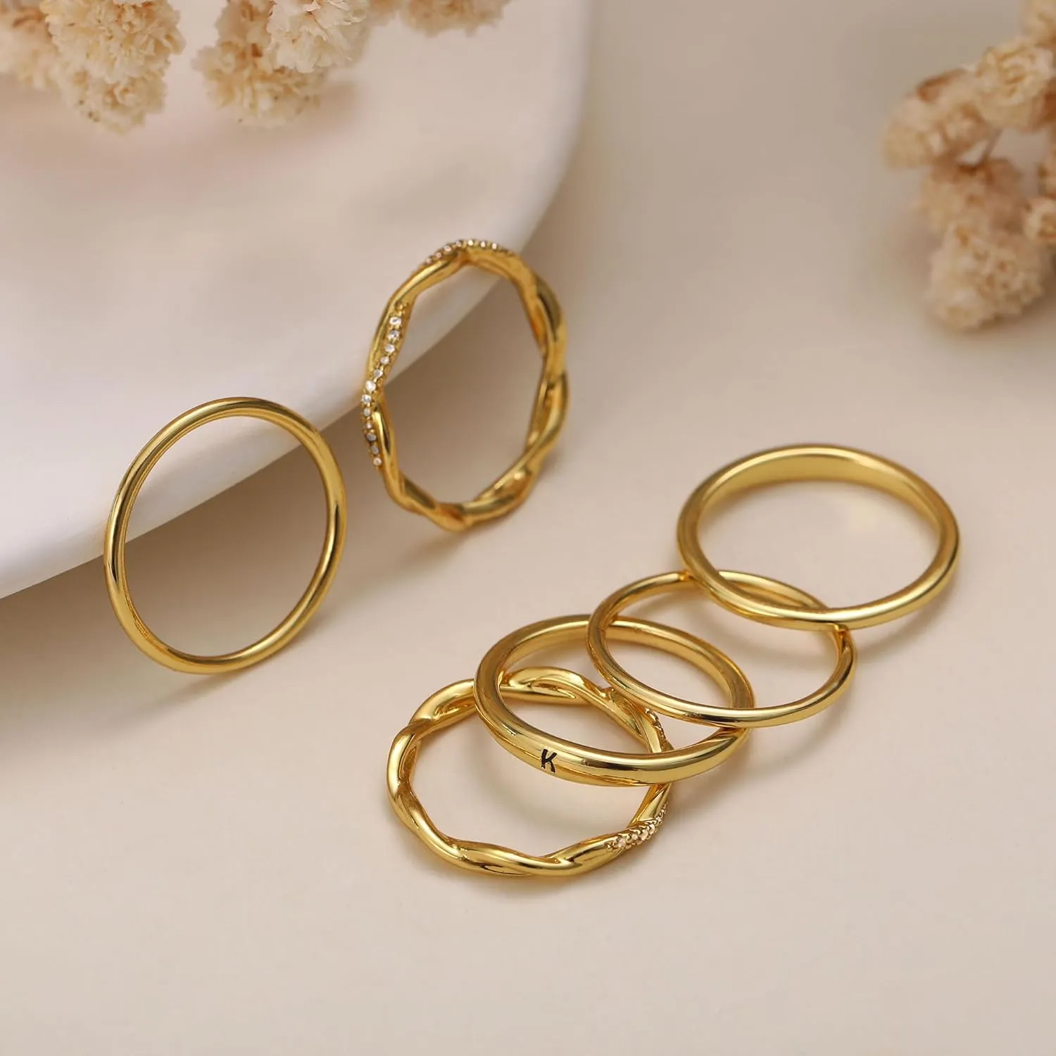 JSJOY Valentines Day Gifts for Her Initial Rings for Women Non Tarnish Signet Ring Set Stackable Letter A-Z Rings Dainty Gold Twisted Engagement Rings Birthday Wedding Gifts