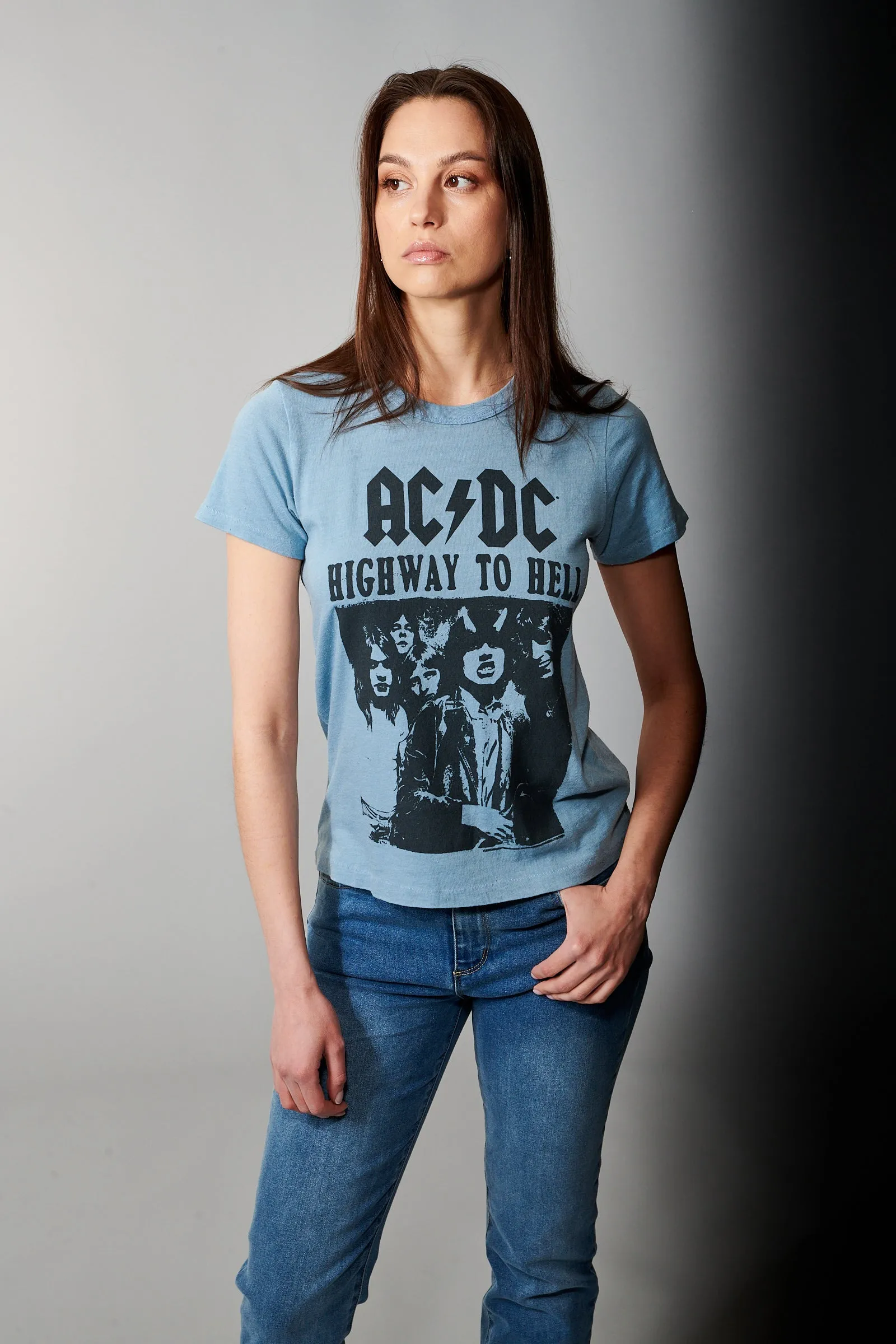 Junkfood Clothing, Cotton, AC/DC crew neck tee shirt in light blue
