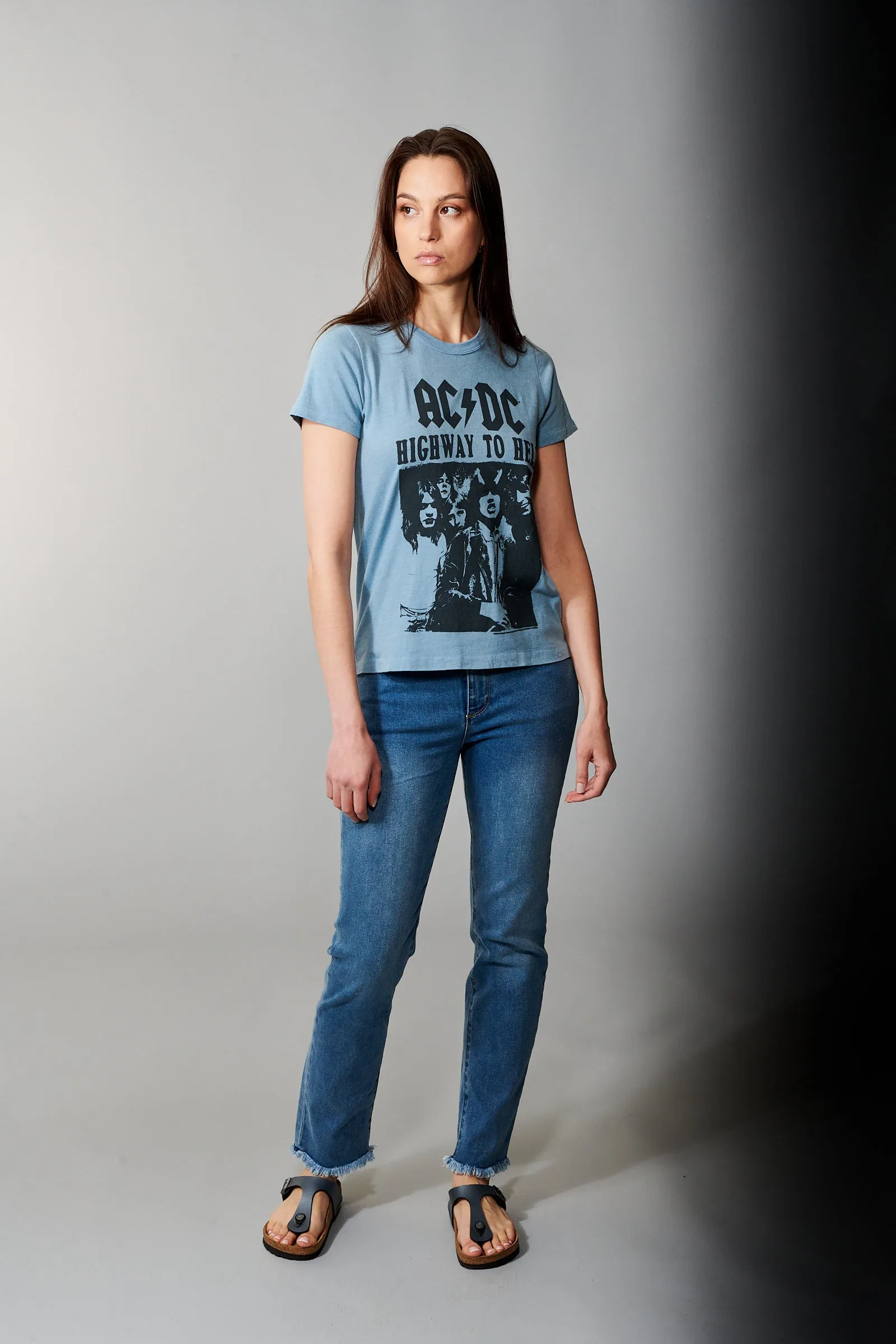 Junkfood Clothing, Cotton, AC/DC crew neck tee shirt in light blue