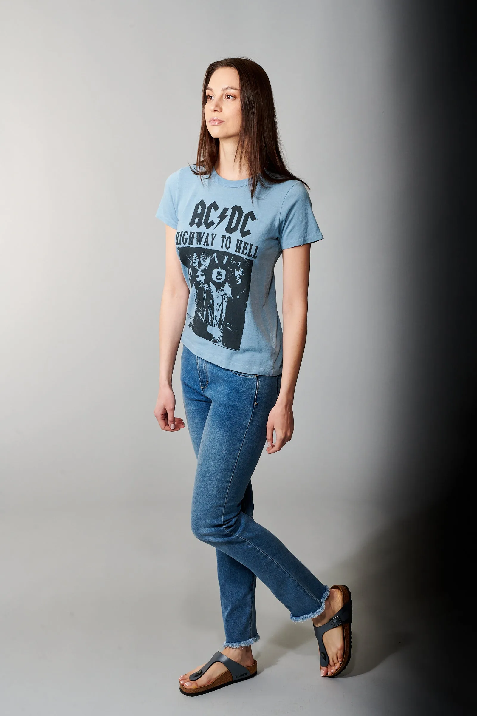 Junkfood Clothing, Cotton, AC/DC crew neck tee shirt in light blue