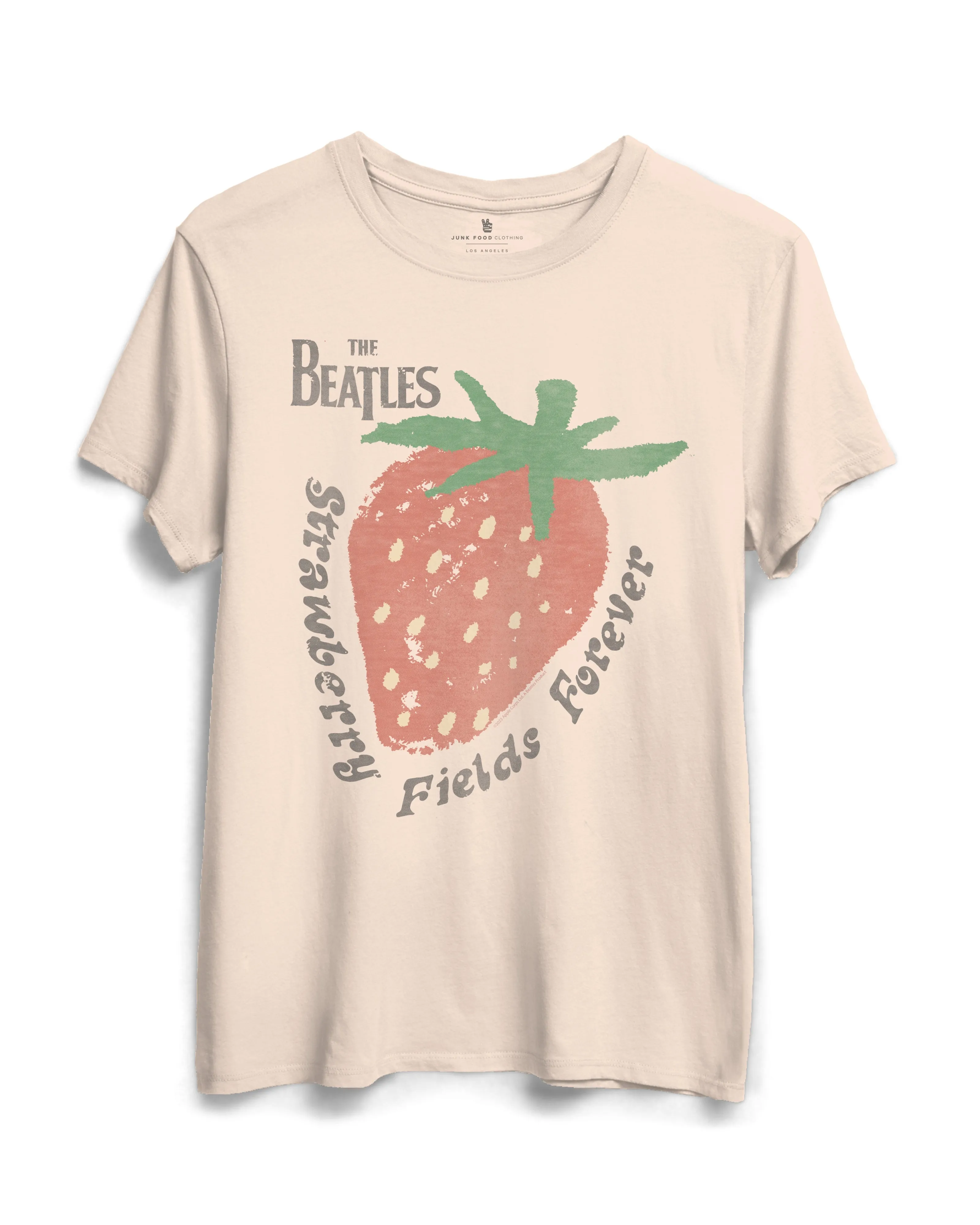 Junkfood Clothing, Cotton, Beatles Strawberry Fields Short Sleeve Tee Shirt in pink