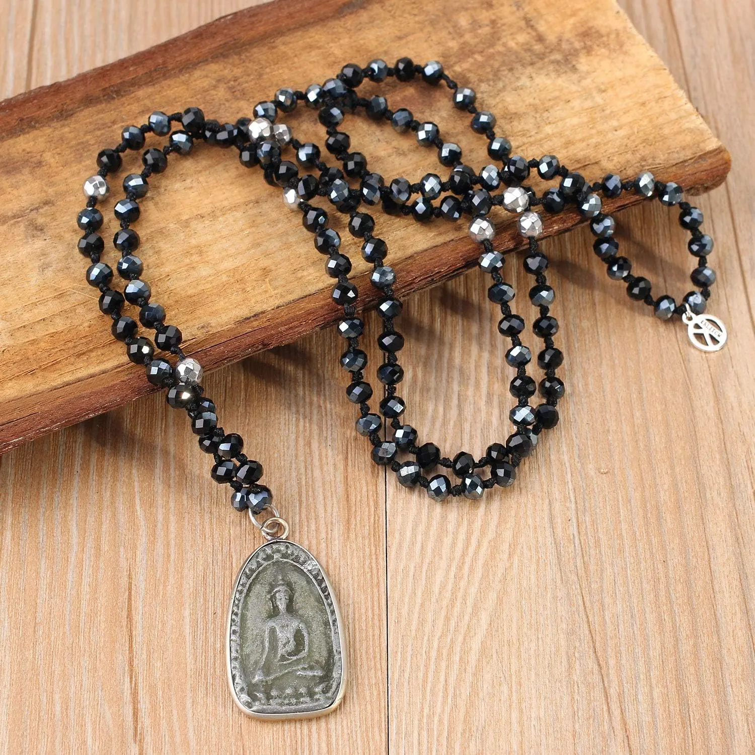 KELITCH Buddha Pendant Necklaces Natural Stone Beaded Necklaces Handmade Long Chain Strands Necklaces Jewelry for Women (Brown C)