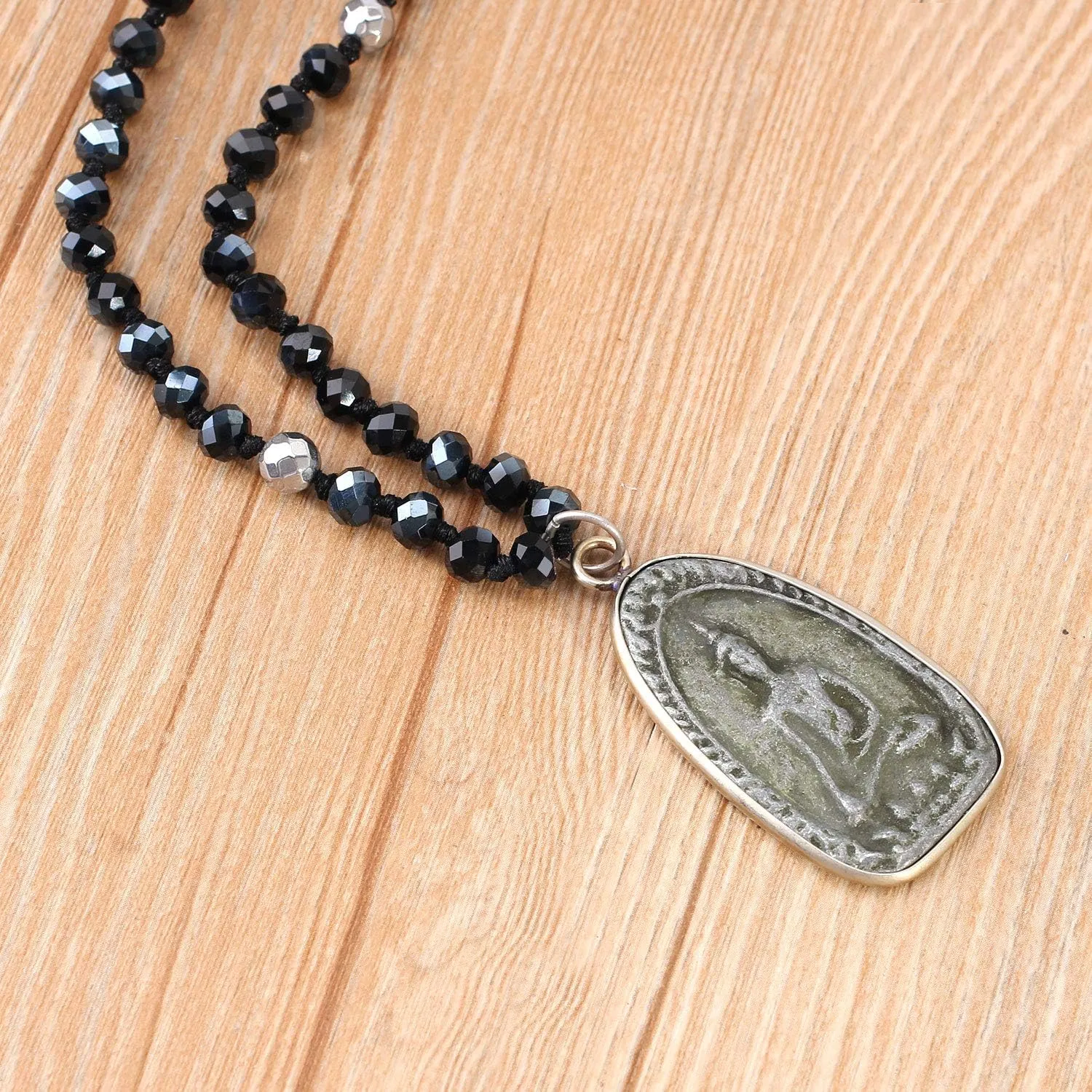 KELITCH Buddha Pendant Necklaces Natural Stone Beaded Necklaces Handmade Long Chain Strands Necklaces Jewelry for Women (Brown C)