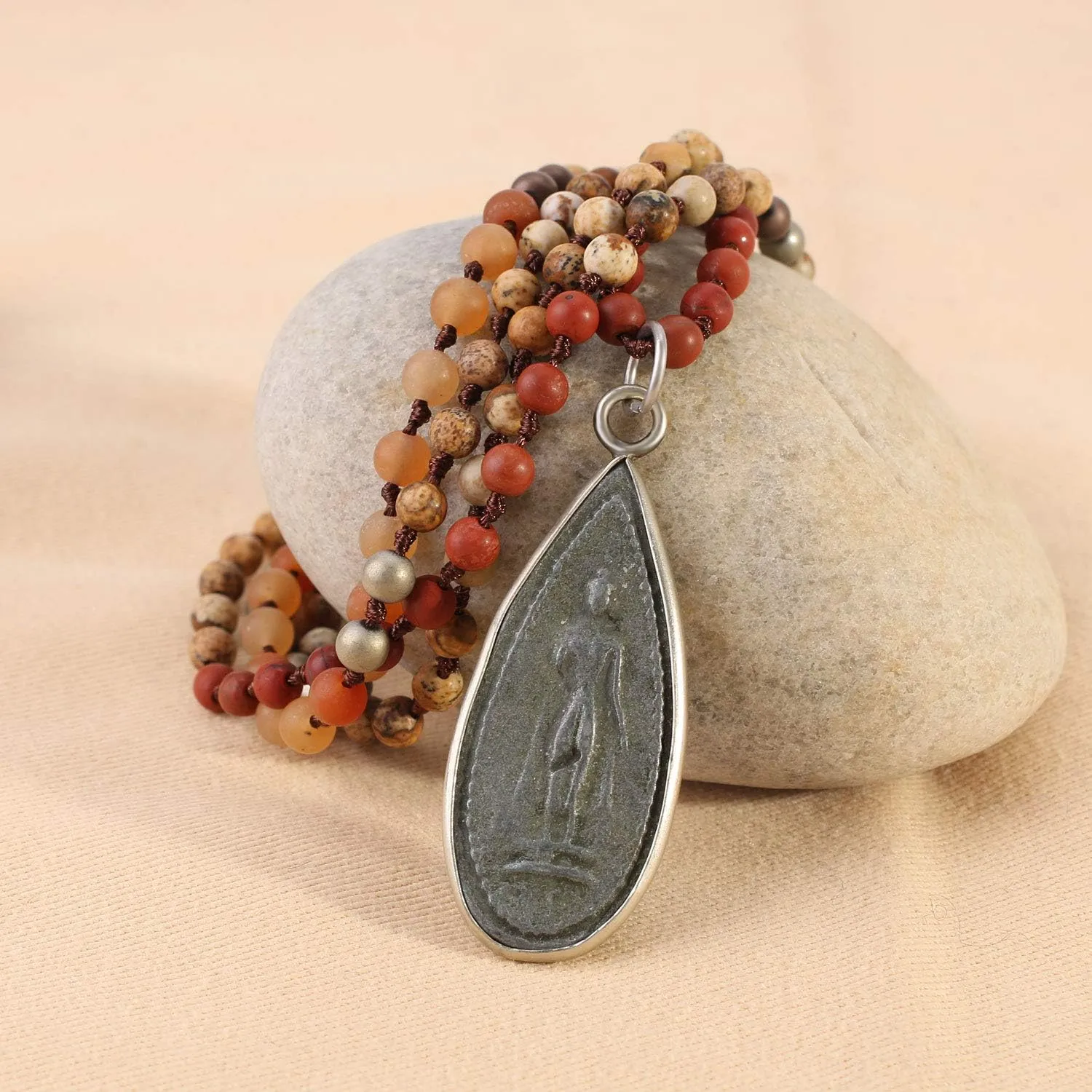 KELITCH Yoga Buddha Pendant Necklaces Y-Shaped Necklaces Natural Stone Beaded Necklaces Statement Mala Jewelry