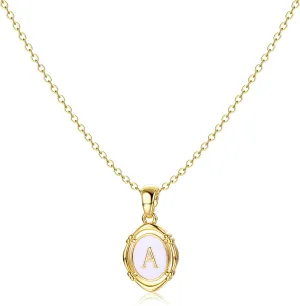 Krfy Initial Necklaces for Women - Dainty Gold Charm Necklaces 14K Gold Plated Oval Letter White Enamel Personalized Name Necklaces for Women Trendy Gold Necklace Jewelry
