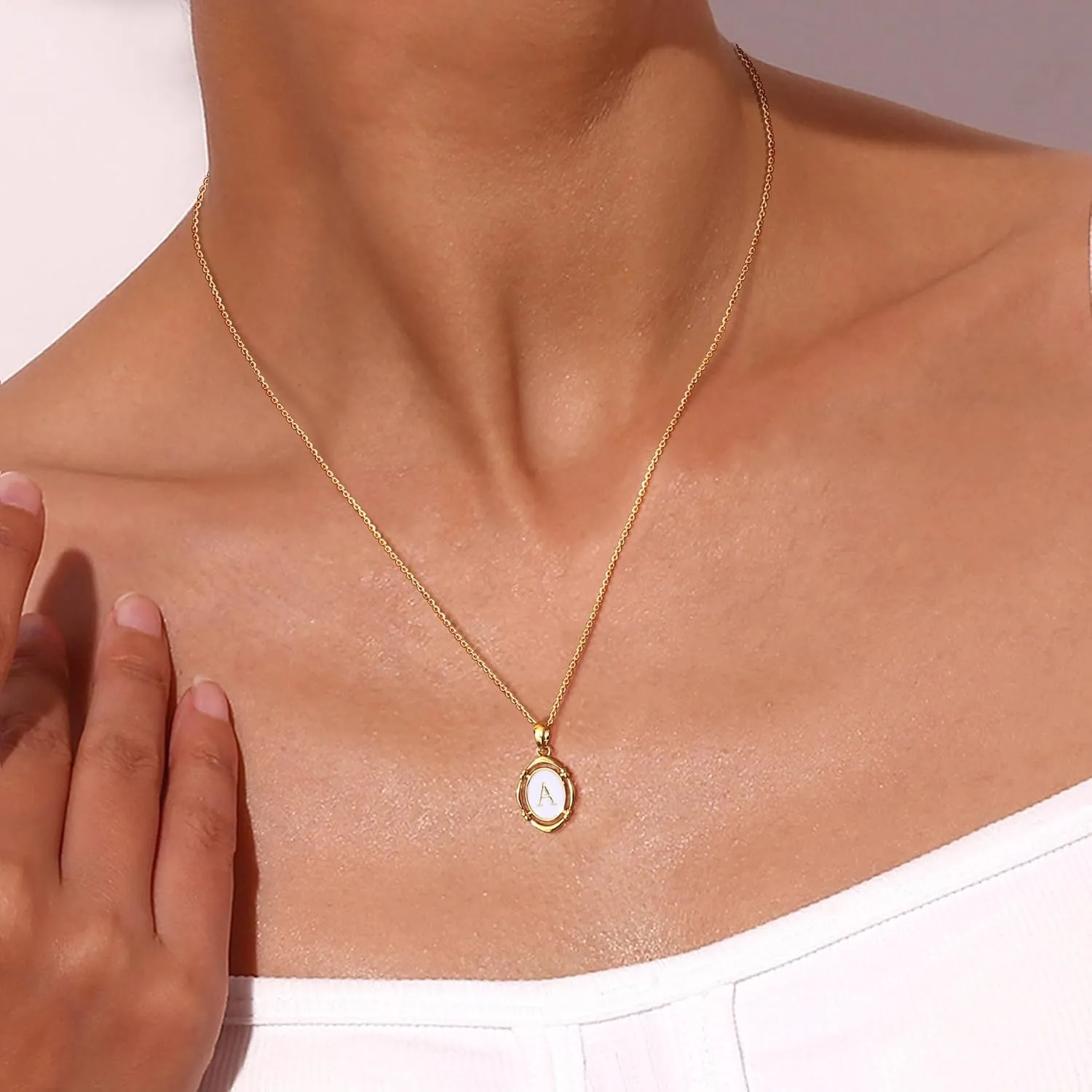 Krfy Initial Necklaces for Women - Dainty Gold Charm Necklaces 14K Gold Plated Oval Letter White Enamel Personalized Name Necklaces for Women Trendy Gold Necklace Jewelry