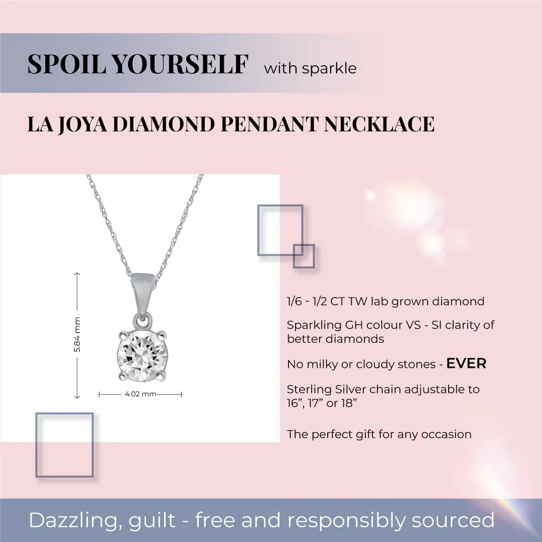 La Joya Sterling Silver Lab Grown Diamond Solitaire Necklace for Women | 1/6-1/3 CT. TW. Certified GH VS/SI Diamond Pendant Necklace