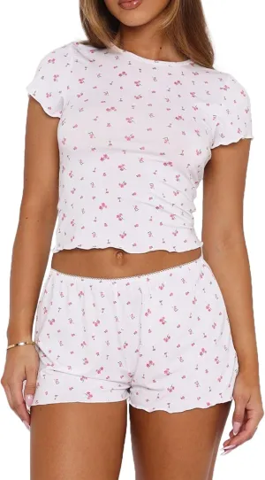 Lacozy Cute Pajamas for Women Set 2 Piece Short Sleeve Pjs Floral Graphic Crop and Shorts Y2K Sleepwear Lounge Set