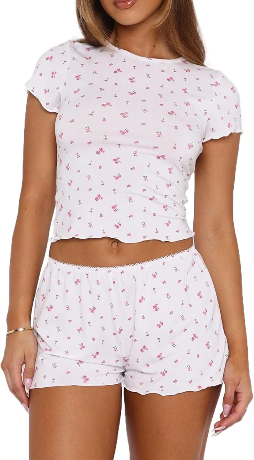 Lacozy Cute Pajamas for Women Set 2 Piece Short Sleeve Pjs Floral Graphic Crop and Shorts Y2K Sleepwear Lounge Set