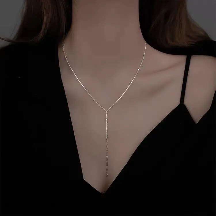 Lariat Necklaces for Women, Dainty Long Y Necklaces 14k Gold Plated Pendant Necklaces Minimalist Beaded Chain Best Idea Gift For Women Girls (Gold)