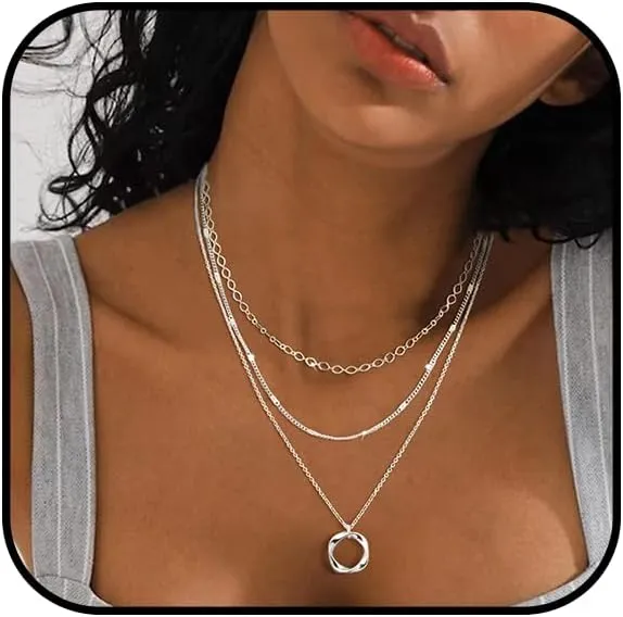 Layered Circle Necklace for Women Gold Silver Stackable Chain Necklaces Dainty Circle Geometric Pendant Necklace Minimalist Trendy Round Necklace Elegant Jewelry