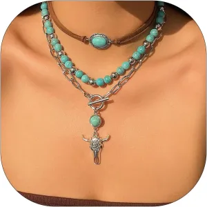 Layered Western Necklaces for Women Boho Multilevel Turquoise Necklaces Vintage Country Concert Ox-head Cactus Cross Chain Necklaces Trendy Accessories Western Jewelry for Women