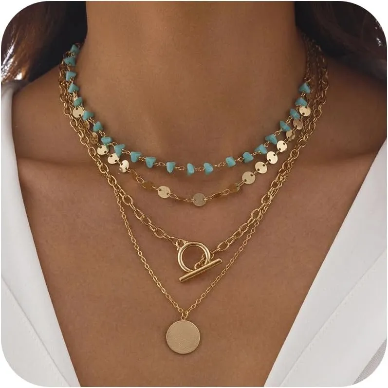 Layered Western Necklaces for Women Western Boho Necklaces Country Necklaces Trendy Gold Layered Necklaces Turquoise Choker Round Disc Pendant Necklace Country Concert Jewelry Accessories