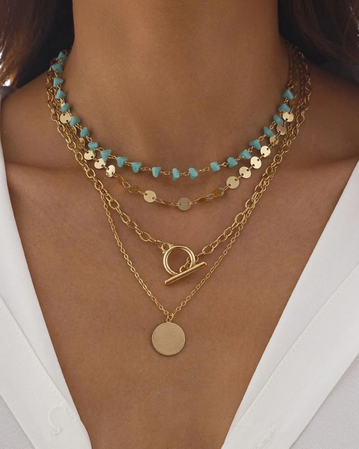 Layered Western Necklaces for Women Western Boho Necklaces Country Necklaces Trendy Gold Layered Necklaces Turquoise Choker Round Disc Pendant Necklace Country Concert Jewelry Accessories