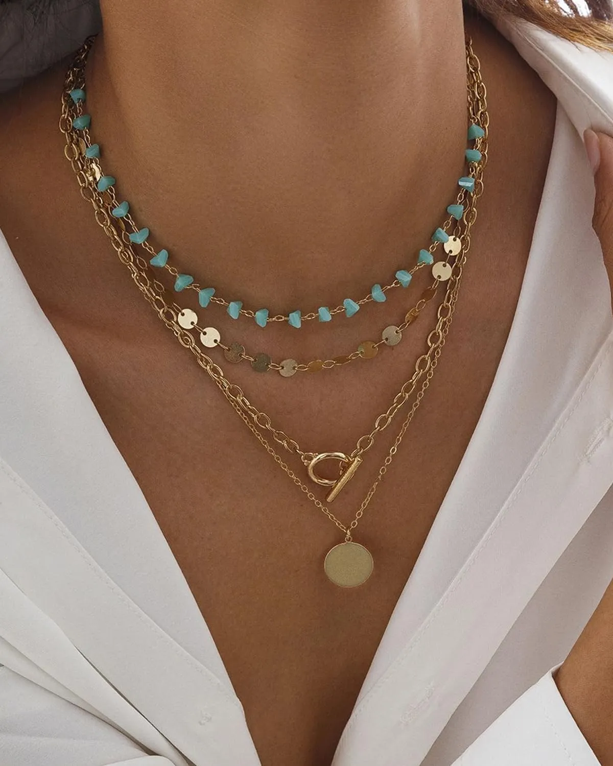 Layered Western Necklaces for Women Western Boho Necklaces Country Necklaces Trendy Gold Layered Necklaces Turquoise Choker Round Disc Pendant Necklace Country Concert Jewelry Accessories